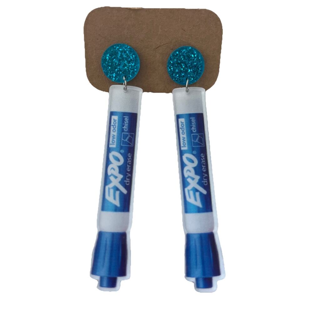 Whimsical Post Earrings Blue Expo Marker, Novelty Fun Statement Teacher Office